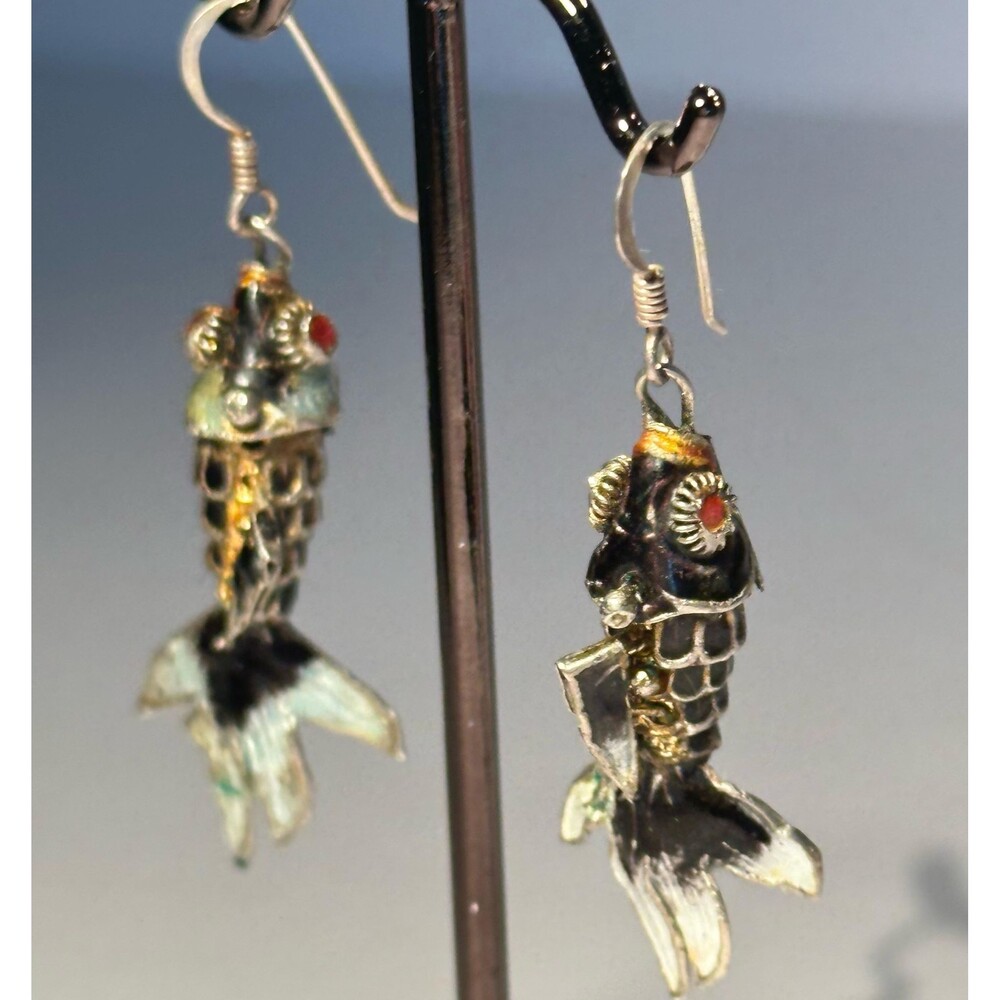 Vintage Koi Fish Earrings,  Enamel Movable Segmented Fish Dangles Sterling 1970s